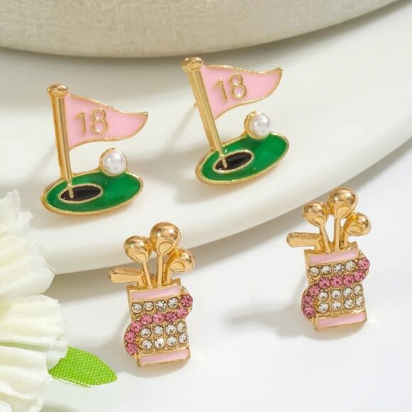2/$30 Golf Cart Rhinestone Brooch 2 Pairs Golf Earrings Set Pink Gold Accents - Picture 7 of 8